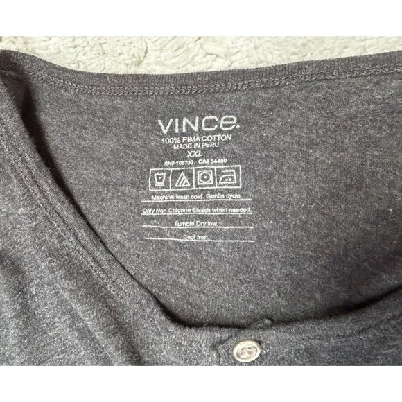 Vince Men's 100% Pima Cotton Long Sleeve Henley Shirt XXL Heather Gray Pullover